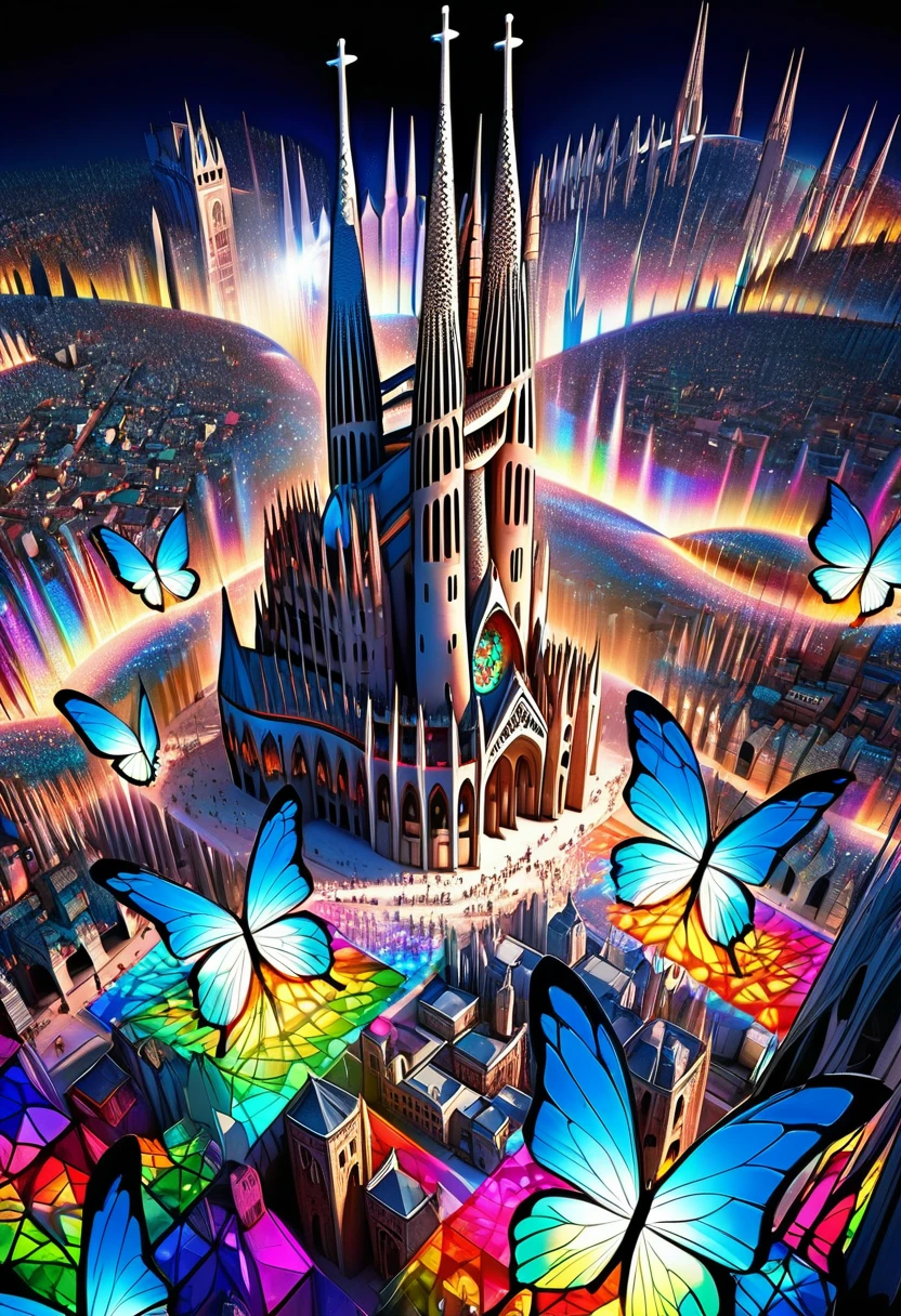 3D drawing art, fantasy world, everything is carved from pearl platinum crystal, buildings like Sagrada Familia, stained glass iridescent butterflies flying, cities, shadows, contrast, conceptual installation art, (ultra detailed, absolutely resolution, best quality:1.3), 2.5D, delicate and dynamic effects, iridescent lighting effects, artistic photography, hyper realistic