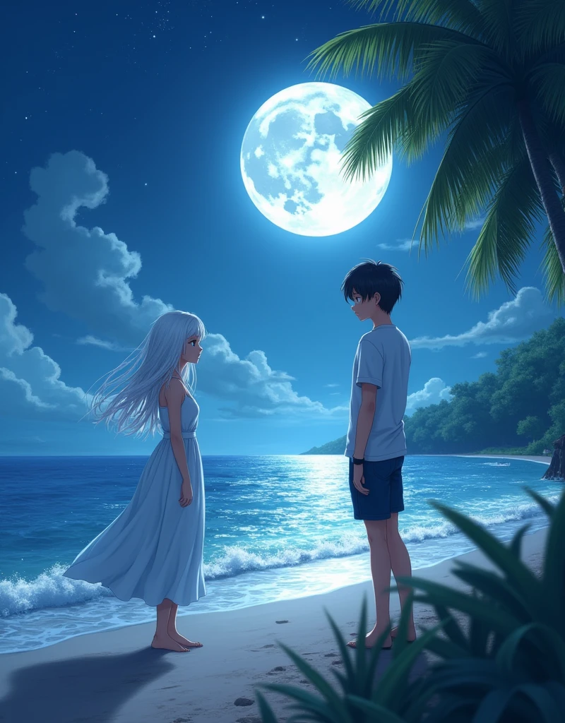 night，seaside ，The moonlight shines on the sparkling sea，月光照耀的seaside有一对男女，White-haired girl in a white dress，The white-haired girl smiled brightly at the black-haired boy walking towards her，The boy in casual clothes walked towards the white-haired girl leisurely，Coconut leaves swaying on the shore