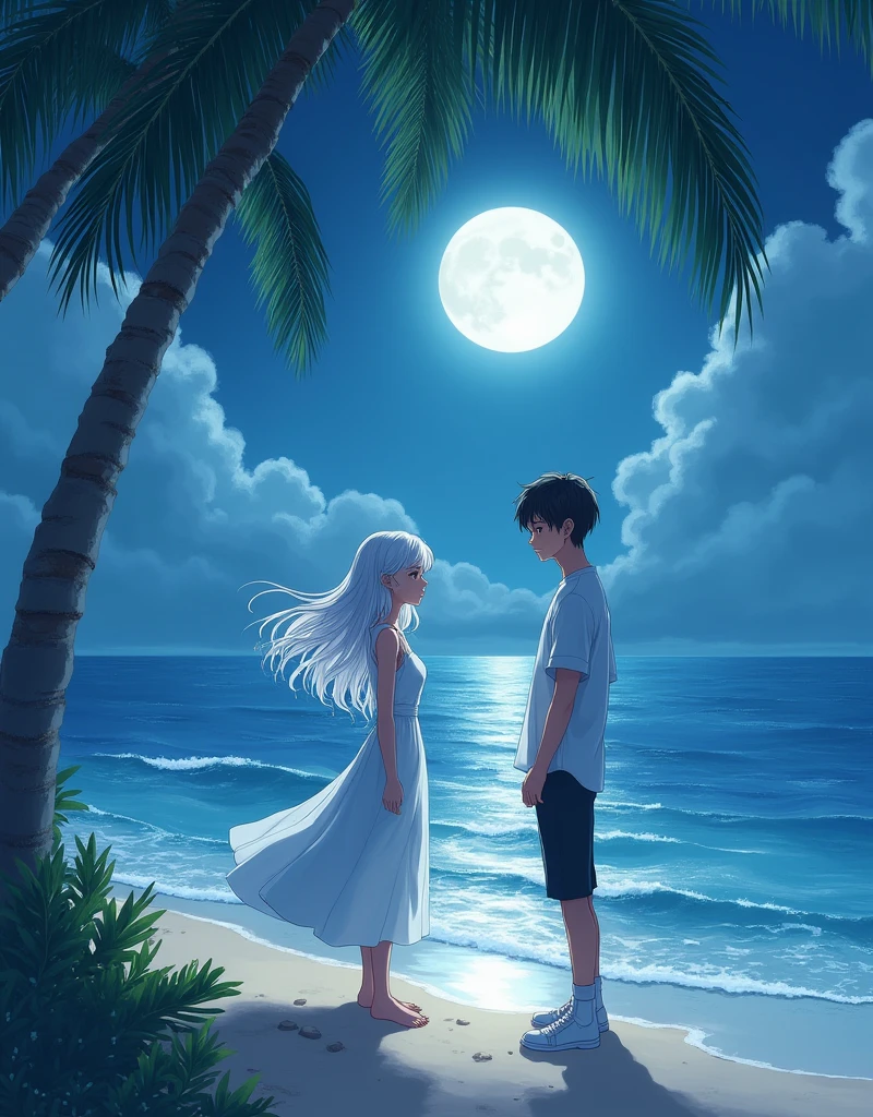 night,seaside ,The moonlight shines on the sparkling sea,月光照耀的seaside有一对男女,White-haired girl in a white dress,The white-haired girl smiled brightly at the black-haired boy walking towards her,The boy in casual clothes walked towards the white-haired girl leisurely,Coconut leaves swaying on the shore