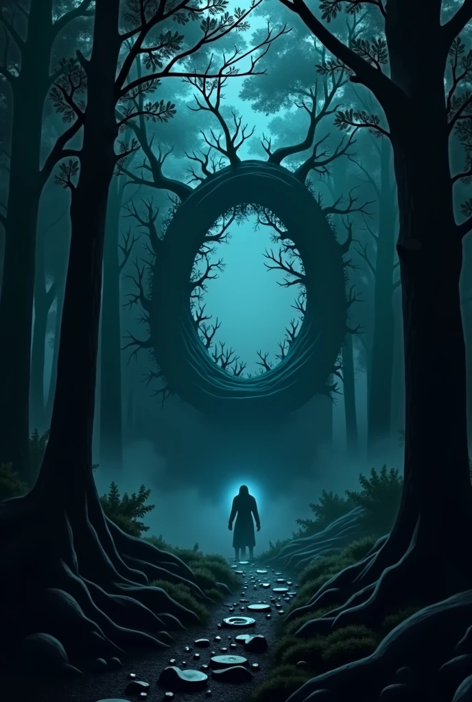 A very dark forest, There are tall trees in it that do not let the light through, A portal is created with the branches of some trees that seems mystical, This portal is subtle, It is not very striking. Between the darkness of the trees a dark figure appears from which only blue eyes stand out without identifying a body. (It is on the right side of the image outside the portal)