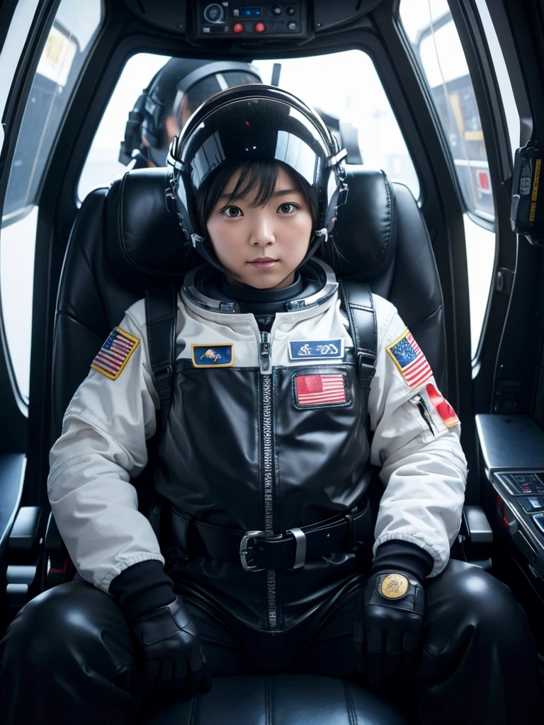 Japanese female astronaut,Black Hair,The spaceship's cockpit,Secured to the seat with a thick belt,Wearing a helmet,Plump,Slightly thicker,Squat