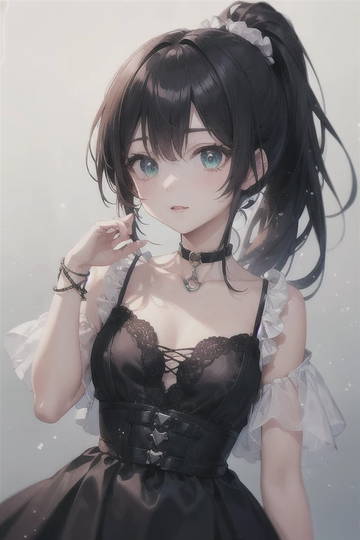 (Highest quality)、(Highest quality)、cute、(choker).eyes are emerald、(ponytail)、(Black Hair)、