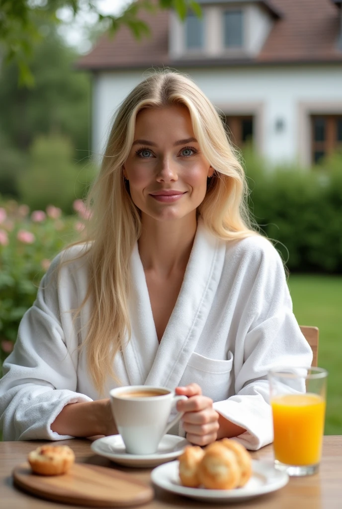 Create a realistic image of a 20 year old woman,
long blond hair, blue eyes, cheekbones, ((full body)), sitting at a table, in her garden, dressed in a white bathrobe, holding a cup of coffee in her hands, pastries on the table and a glass of orange juice, background image: her garden and her house behind,
head to toe, full body, hyper realistic photo