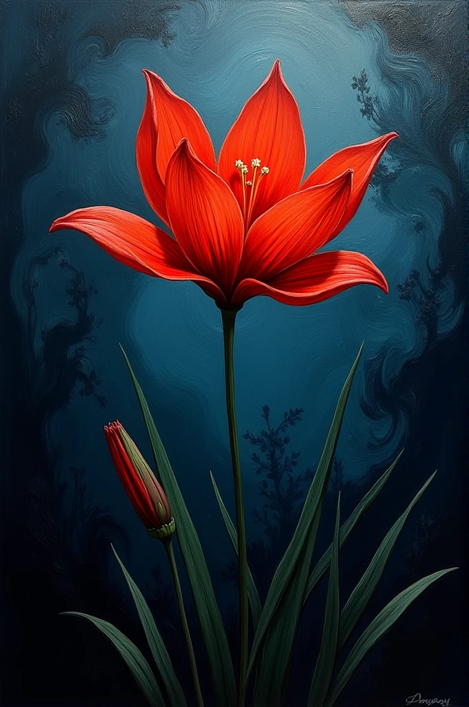 Could you make me a Van Gogh style painting of a lycoris radiata in the middle of a dark landscape please?