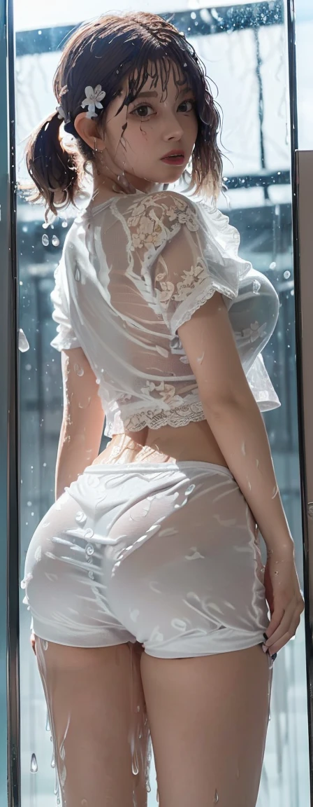 masterpiece, Highest quality, shape, Very detailed, Finer details, High resolution, 8k wallpaper, Perfect dynamic composition, Ruthless gaze、Well-defined face、Beautiful and delicate eyes , Model Photo,Front view,Full Body Shot,4K,((See-through mini T-shirt、Tight to the skin、Soaked mini T-shirt、See-through lace mini bloomers:1.6)),詳細な乳首のshape、詳細な陰部のshape、Model body type、Beautiful body lines、Beautiful breasts、Beautiful belly button、Beautiful groin、Beautiful thighs、(Front and back perspectives:1.5)、