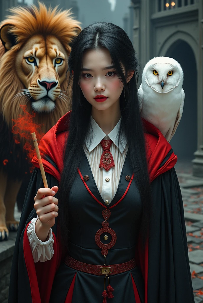 photo, asian woman, white skin, Facing straight, Fluffy black hair, Long slender fingers, Hands with 5 fingers, Black witch cloak, Red Hood, White collar inner shirt, Red and white patterned tie, Holding a small wand, There was red fire and red smoke coming out of the wood., A white owl stands on the right shoulder., A large golden lion with a red mane appeared from the left back., The background is an old black castle.