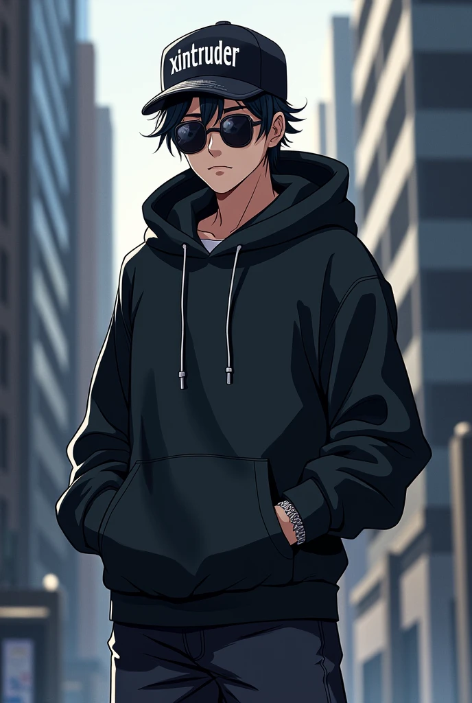 Anime character wearning hoodie, sunglasses, cap and on cap it is written XINTRUDER with bold font, and standing straight in fromt of camera 