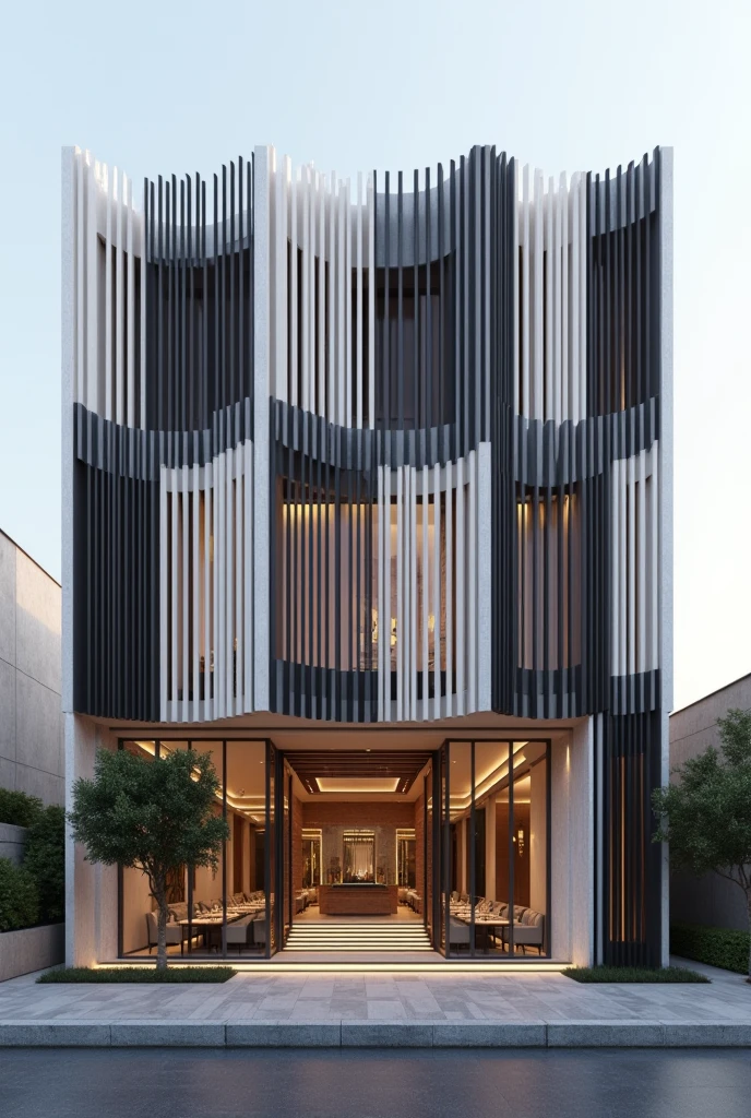 double skin facade architecture design in iran , facade of restaurant , 7.5 meter width, 22 meter height, front view, one sided , high quality rendering architecture,, in iran , cinematic , luxury architecture facade view , white and black material