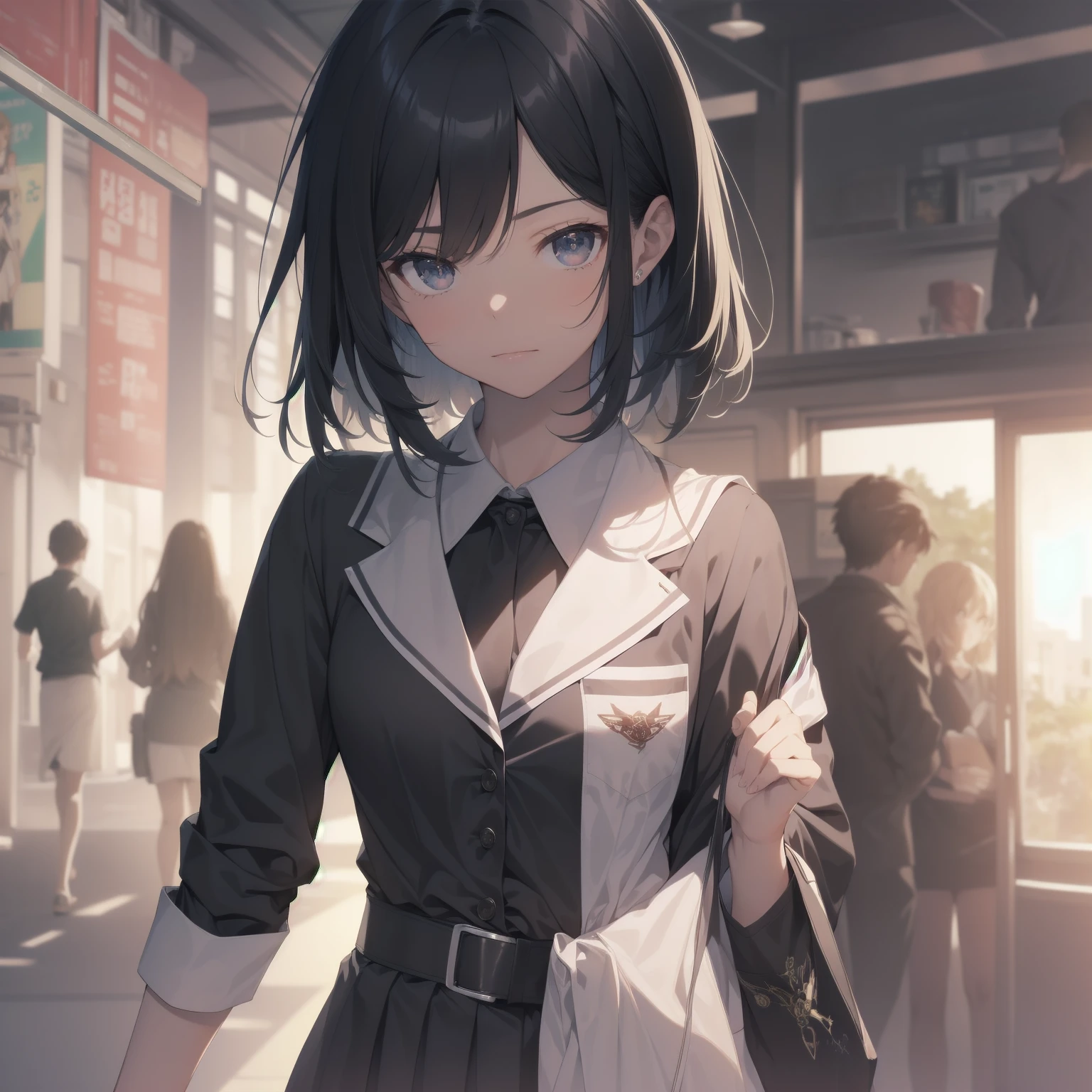 ultra-absurdres-Top quality by artist God, ultra-detailed, high resolution, anime moe artstyle, best anime 8k konachan wallpaper, pixiv contest winner, pool:2810, perfect anatomy,break, 1girl, (Please draw a girl walking sleepily to school alone. )break,(Solo,little female,:1.3),Full limbs, ,a junior high school student, (very short hair), short cut, flat chest, , small butt, small black eyes, beautiful detailed eyes, well-proportioned iris and pupils, expressive eyes, highres detailed hair, soft expression, salor school_uniform, sailor collar, serahuku, bow, pleated skirt,(Detailed Lighting), (Detailed background), in the School commute route. break,super detailed skin, Best cinematic lighting powered by famous artist, 8k,beauty illustration,photoshop_(medium),very aesthetic,break,((artist:takeuchi_takashi )), artist:clamp ,artist:carnelian ,artist:kantoku ,