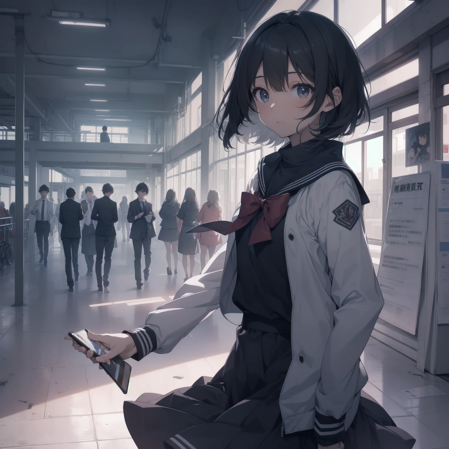 ultra-absurdres-Top quality by artist God, ultra-detailed, high resolution, anime moe artstyle, best anime 8k konachan wallpaper, pixiv contest winner, pool:2810, perfect ???????,break, 1girl, (Please draw a girl walking sleepily to school alone. )break,(Solo,little female,15yo:1.3),Full limbs, ,a junior high school student, (very short hair), short cut, flat chest, , small butt, small black eyes, beautiful detailed eyes, well-proportioned iris and pupils, expressive eyes, highres detailed hair, soft expression, salor school_uniform, sailor collar, serahuku, bow, pleated skirt,(Detailed Lighting), (Detailed background), in the School commute route. break,super detailed skin, Best cinematic lighting powered by famous artist, 8k,beauty illustration,photoshop_(medium),very aesthetic,break,((artist:takeuchi_takashi )), artist:clamp ,artist:carnelian ,artist:kantoku ,
