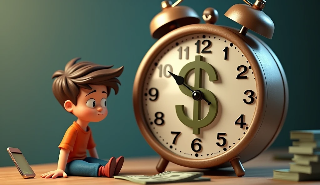 Clock Face with Dollar Sign: A clock face with a dollar sign in place of numbers, symbolizing that time is money and boy in that image with sit and frustrated wasting time
Cinematic cartoon 3d style 