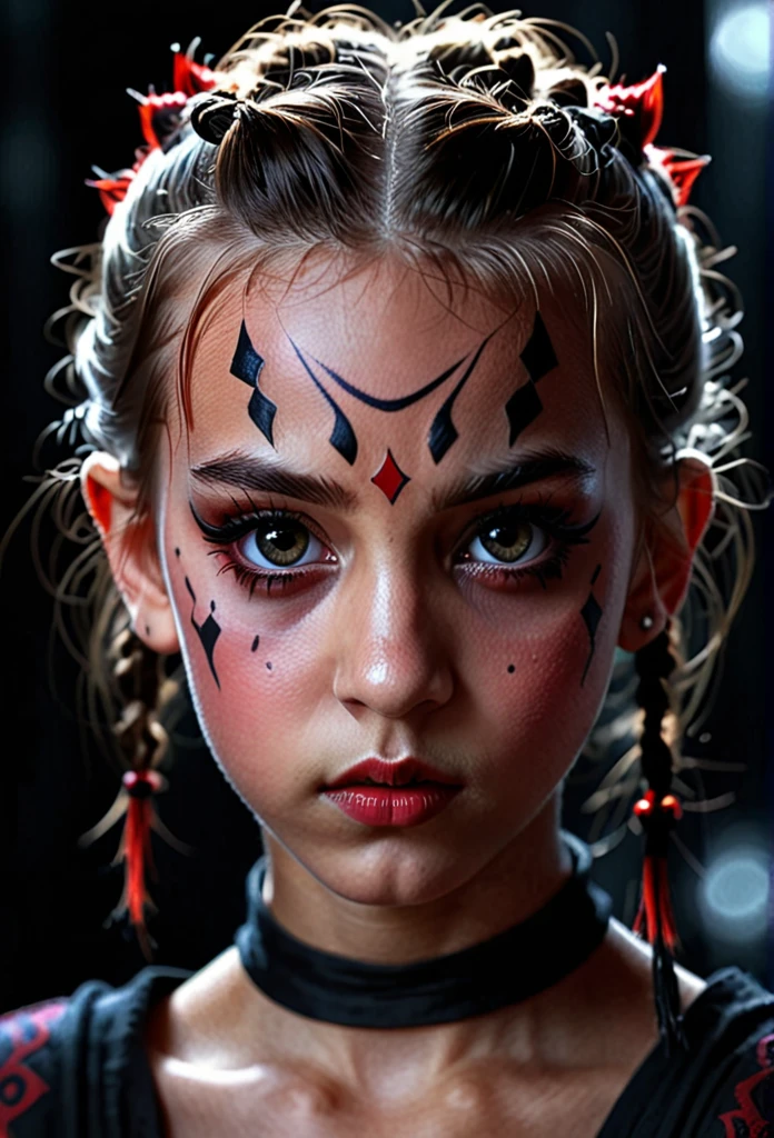 A skinny little cute girl, beautiful detailed eyes, beautiful detailed lips, extremely detailed eyes and face, long eyelashes, serious expression, flat chest, looks like Darth Maul, dark side, dark blurred background, dramatic lighting, cinematic, high contrast, moody, chiaroscuro, digital painting, concept art, matte painting, photorealistic, 8k, best quality, masterpiece, in action, random pose