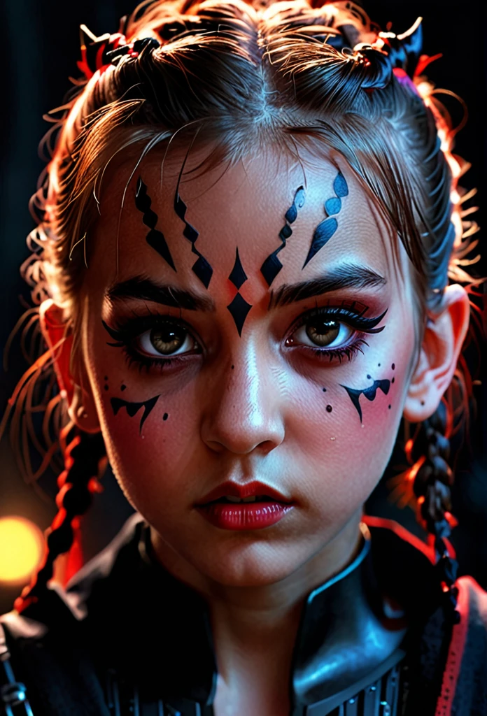 A skinny little cute girl, beautiful detailed eyes, beautiful detailed lips, extremely detailed eyes and face, long eyelashes, serious expression, flat chest, looks like Darth Maul, dark side, dark blurred background, dramatic lighting, cinematic, high contrast, moody, chiaroscuro, digital painting, concept art, matte painting, photorealistic, 8k, best quality, masterpiece, in action, random pose