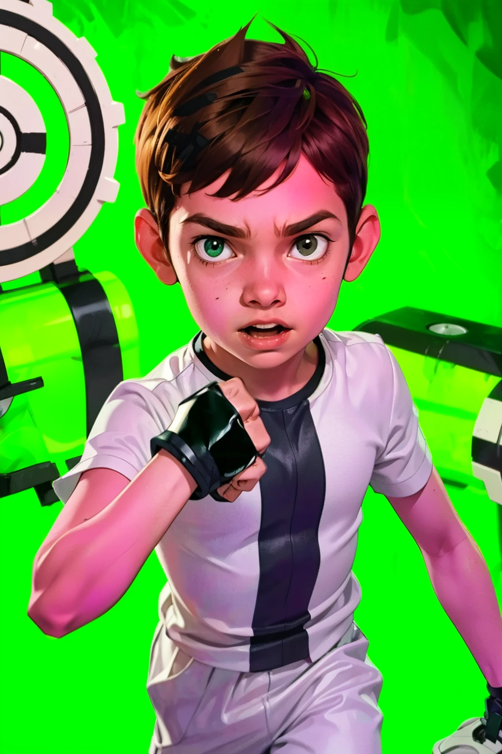 Movie poster, Ben 10 ((A child, 6 years))), ((wearing a white outfit with black stripe in the center, showing fist. Machine on arm. Action facial expression )) . highy detailed, face detailed, realisitic, cinematic lighting, studio quality, proffesional, face detailed, intrikate, bright coloured. ((abstract background)).