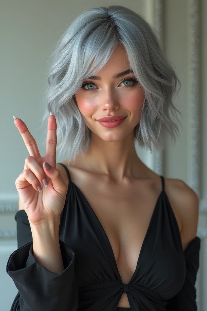 Cute and hot grey hair girl doing a ✌ with her hand