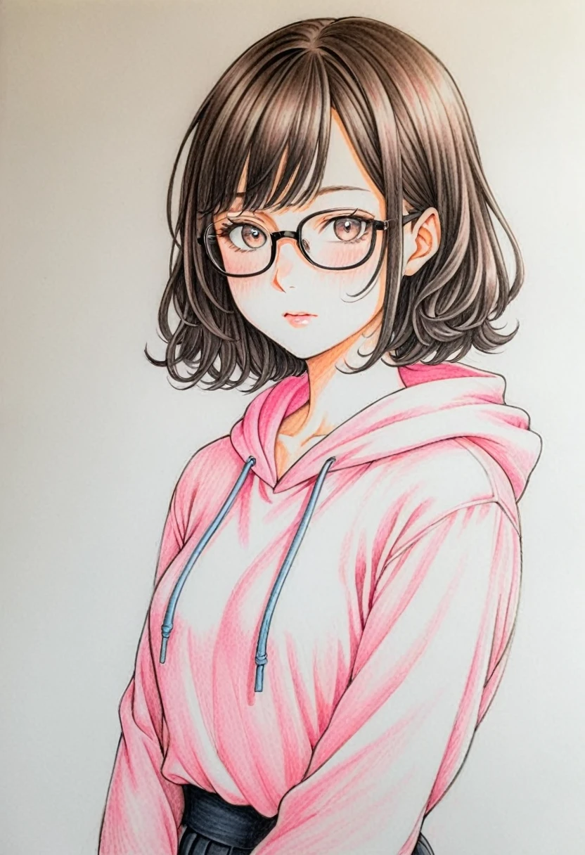 1 female, 30-year-old, alone, thin, slender, small breasts!!!, short hair, curly hair, thin, slender, (((glasses))), hoodie, long sexy skirt, Are standing, art, Colored pencil drawing, draft, White background, portrait