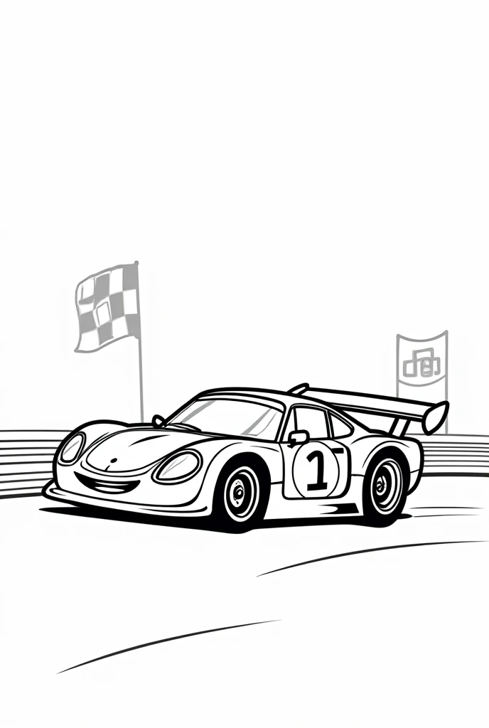 Please, Create a black and white drawing of a race car with a number on the door, on a track with a checkered flag waving in the background. Keep the lines simple and thick, with blank space around so kids can draw more cars or track elements.