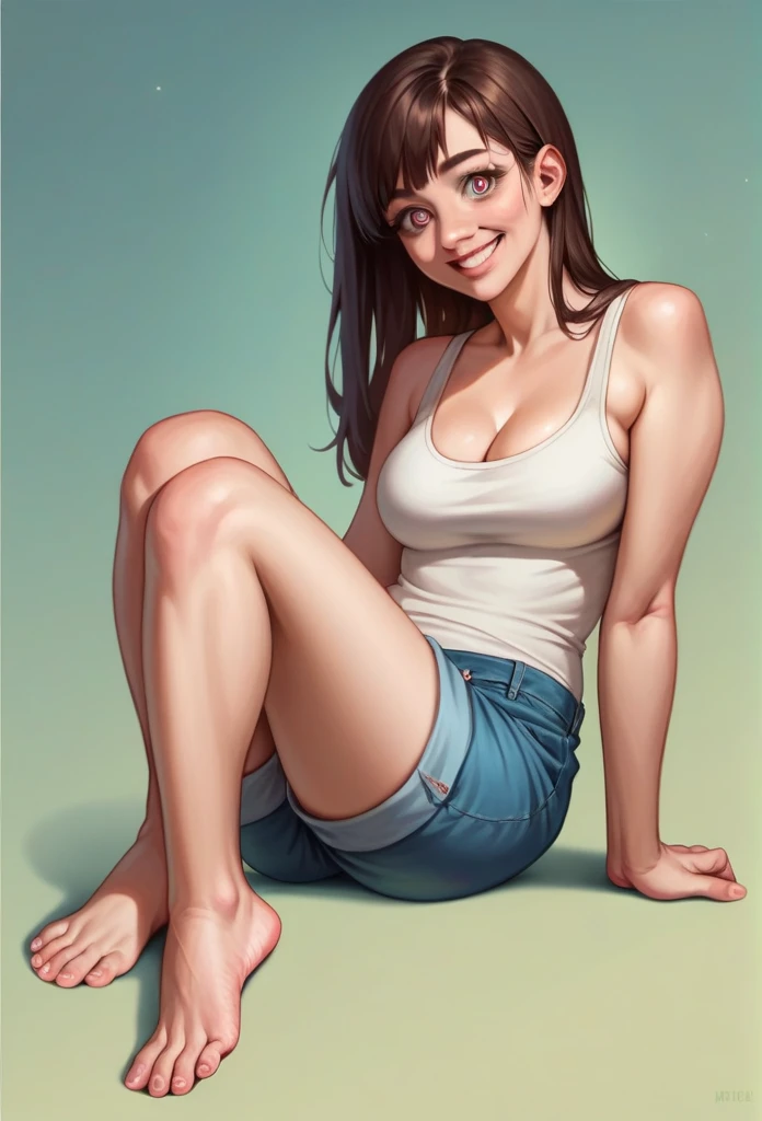 One Girl, Realistic,Raw photo,High resolution, Shortcuts, masterpiece, Highest quality, photograph, Simple Background, smile, Sparkling eyes, double eyelid,(whole body),(Tank top,Cleavage)(Shorts,Beautiful feet),Very cute face