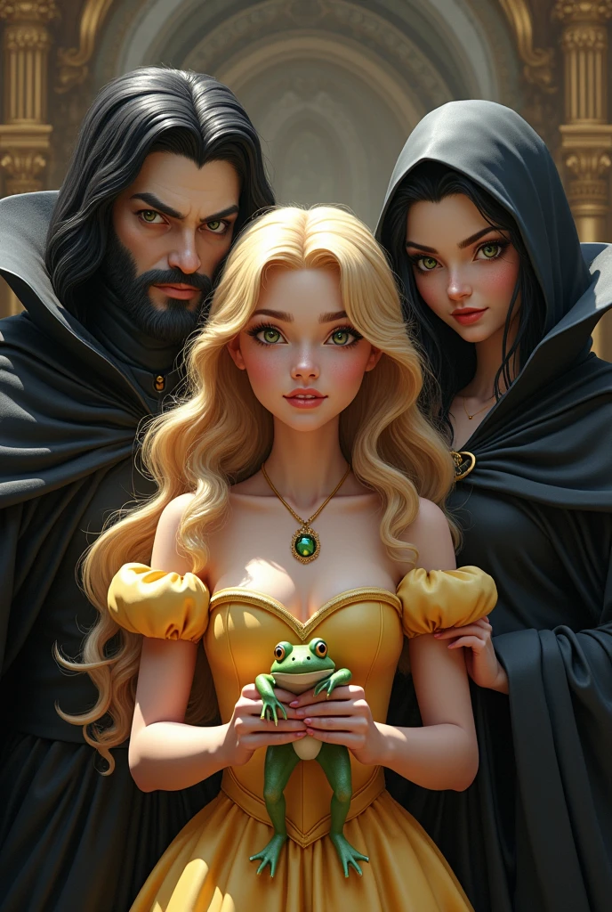 Create an image of a white princess with blonde hair and a frog, your black haired queen and your white princess friend with black hair. But put the blonde princess in the spotlight along with the frog and all the people clearly visible and by her side.. The queen has to be evil and her friend a little chubby. The frog has to be in the blonde princess's hands and everyone has to be looking forward.