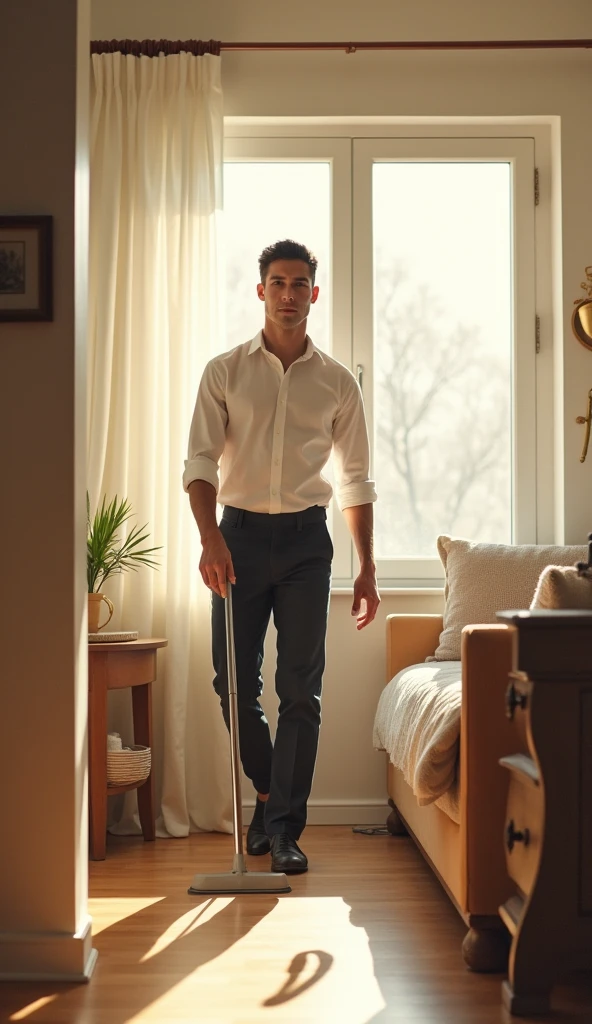 Hansom young man cleaning room