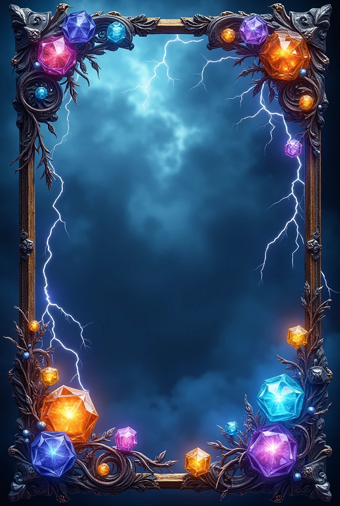 Thunder themed frame with gems aesthetic and decorative and no background at all fully transparent background