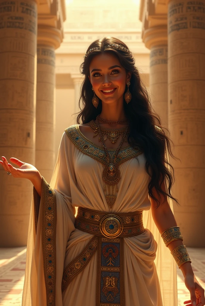 A pretty woman in Egyptian clothing with a smile and a fixed gaze ,with the arm in front and the hand extended making an invitation
