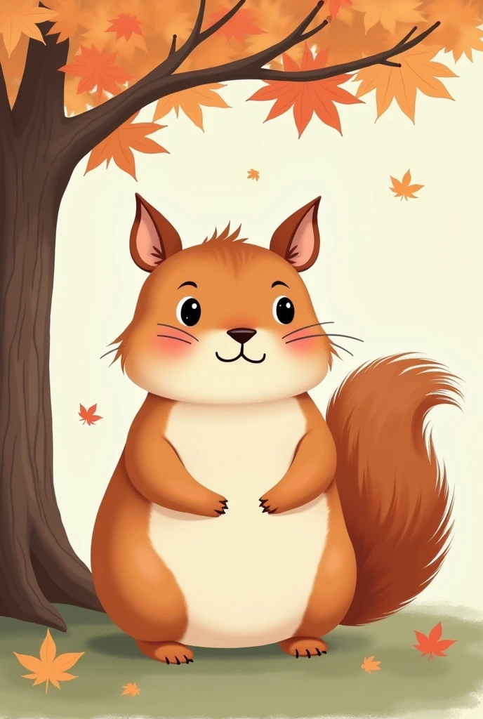 (Cartoonart) squirrel, cute, fat, small, vintage color, A9, French vibe, basic, look a little like hamster, maple background