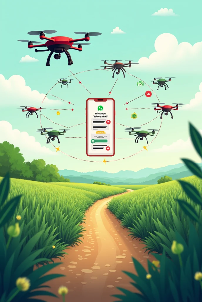 Here is a detailed concept for a slideshow image that refers to artificial intelligence, rural extension, and includes a flowchart, elements of a chatbot via WhatsApp and drones:
### Image Description:
**Background:**
- **Rural field:** An image of green agricultural field, with a cultivated area and some trees in the background. The environment must be rural and natural.
**Main Elements:**
1. **drones:**
- **drones em Voo:** Place drones over the field, with small icons or lines indicating that they are collecting data. Drones must have visible sensors.
- **Dados dos drones:** Add small graphics or floating icons near drones, showing that they are collecting information such as soil quality or crop monitoring.
2. **Chatbot via WhatsApp:**
- **Tela do smartphone:** Show a smartphone with the WhatsApp interface open. The screen should show a conversation with a chatbot.
- **Chatbot Messages:** The chatbot should send automatic messages about agricultural recommendations, weather tips and alerts. Also include some responses from farmers, as questions about problems in cultures.
- **Message Icons:** Use message icons and chat bubbles to highlight your chatbot conversation.
3. **flowchart:**
- **Position:** Centered or to the side of the image, so that it is easily visible.
- **Componentes do flowchart:**
- **top:** “Data Collection” (represented by drones that collect data from the field).
- **Data Processing:** Arrows leading to “AI Processing” (represented by a digital brain icon or an AI processor).
- **Recommendation Generation:** Setas para “Recommendation Generation” (data processing leads to the formulation of recommendations).
- **Chatbot via WhatsApp:** Arrows for “Results Communication” (chatbot messages via WhatsApp, showing how recommendations are sent to farmers).
- *