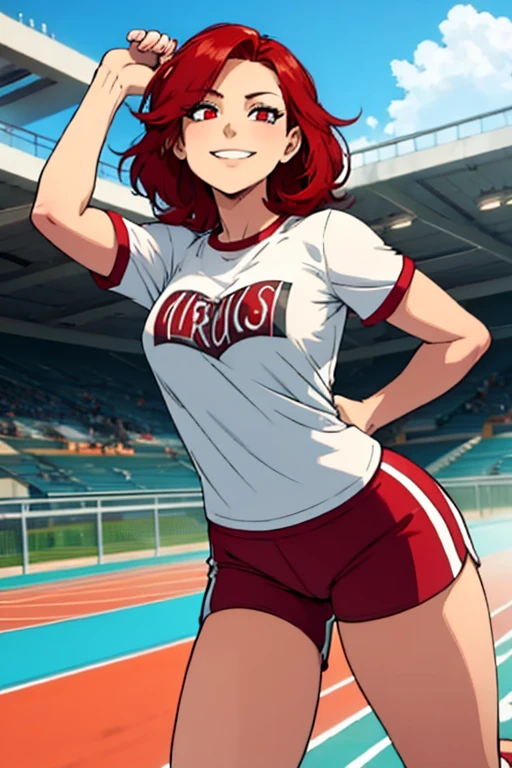 Perfect face. Perfect hands. A red haired woman with red eyes and an hourglass figure in a t-shirt and gym shorts is smiling while running on the track