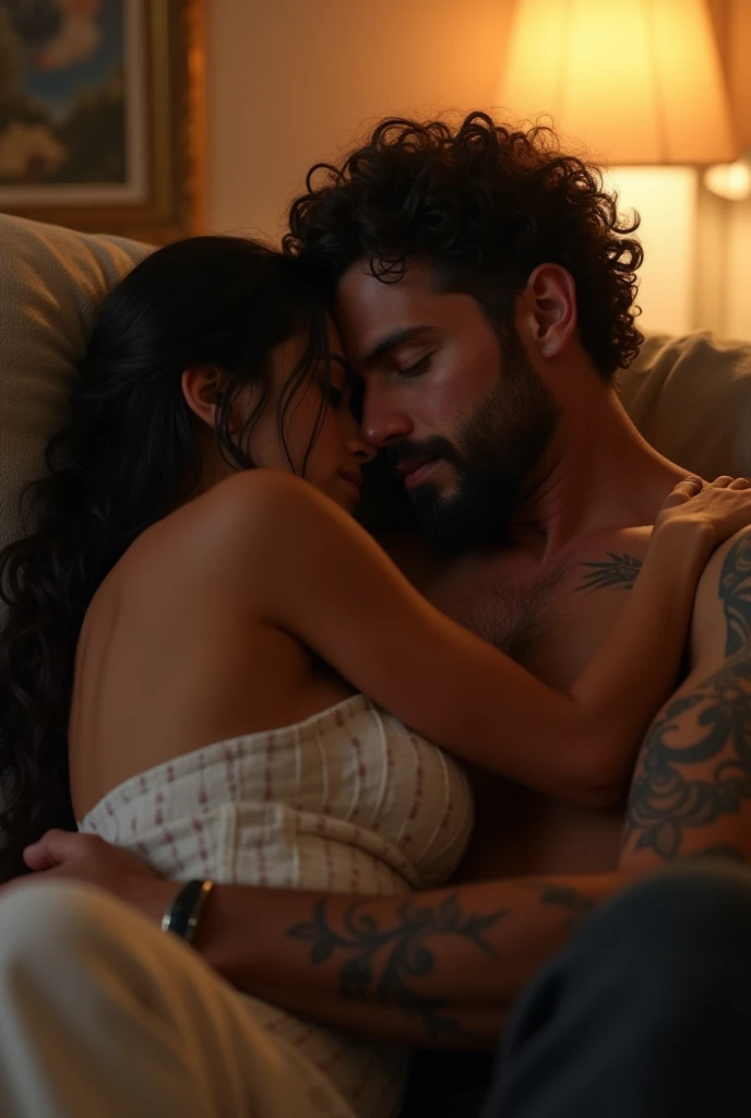 A hot brunette girl and a man with curly hair and beard lying together on the sofa. She lies tightly wrapped in his arms. Lovestroy.  er hat tattoos.  Body view, bright light, viewer, Looking into the camera. 