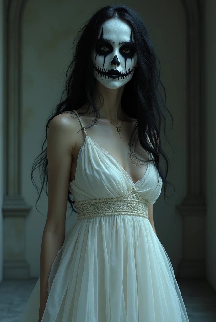 woman in white dress, black hair, macabre face, sinister smile, blank expression, eye sockets, (best quality,4k,8k,highres,masterpiece:1.2),ultra-detailed,(realistic,photorealistic,photo-realistic:1.37),dark fantasy,surreal,dramatic lighting,chiaroscuro,muted colors,moody atmosphere