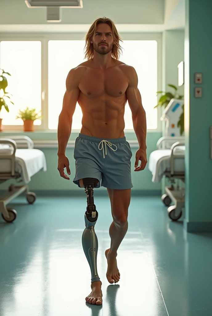 30-year-old male surfer with long blond hair doing rehabilitation in hospital with a prosthetic leg.