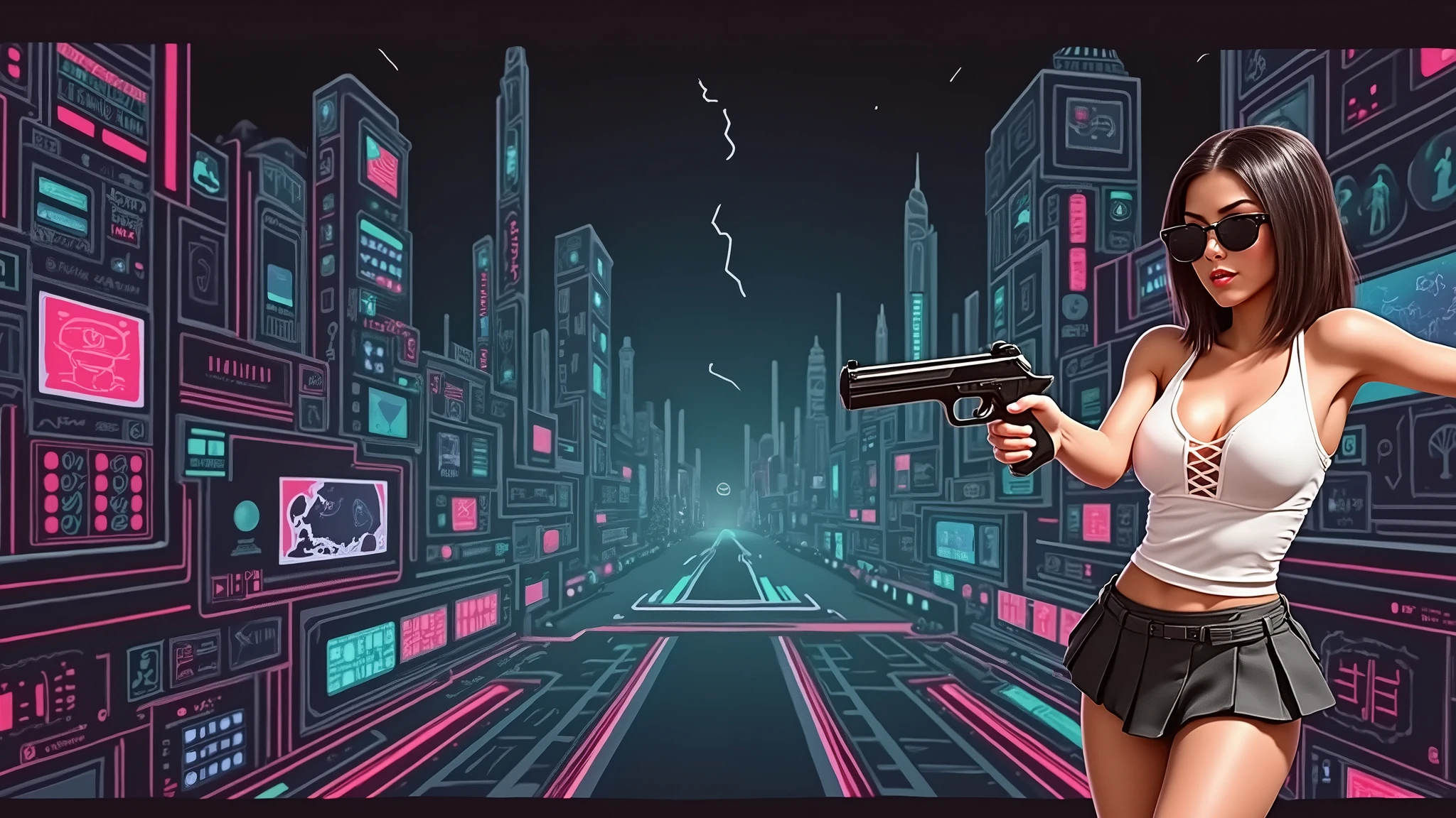 Futuristic cityscapes with colorful all-glass outlined towering skyscrapers with lightning, flying vehicle. High-resolution OLED GUI interfaces in the building, The windows are filled with transparent data visualization infographics that show it all, Egyptian fantasy arts, Egyptian statue, (Egyptian hieroglyphics). Colors are saturated and vibrant. At night, (1girl, solo, alone), photorealistic, large-breast slim:0.6 body, oval:0.5 face, cleavage:1.1, very low angle view of pleated miniskirt, deep-v, (upskirt), glove, (Matrix style black micro sunglasses), (aiming viewer with a short gun), dynamic running pose, (half-body thigh level close-up shot), cinematic lighting, ray tracing, motion blur background.