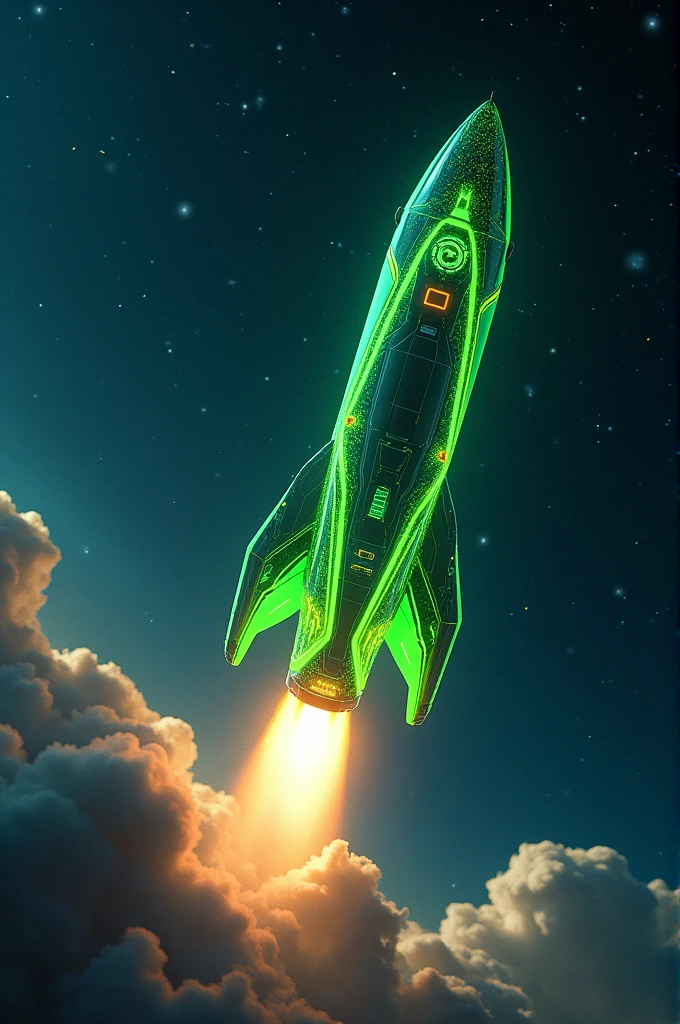 Create a picture with a rocket in neon green 
