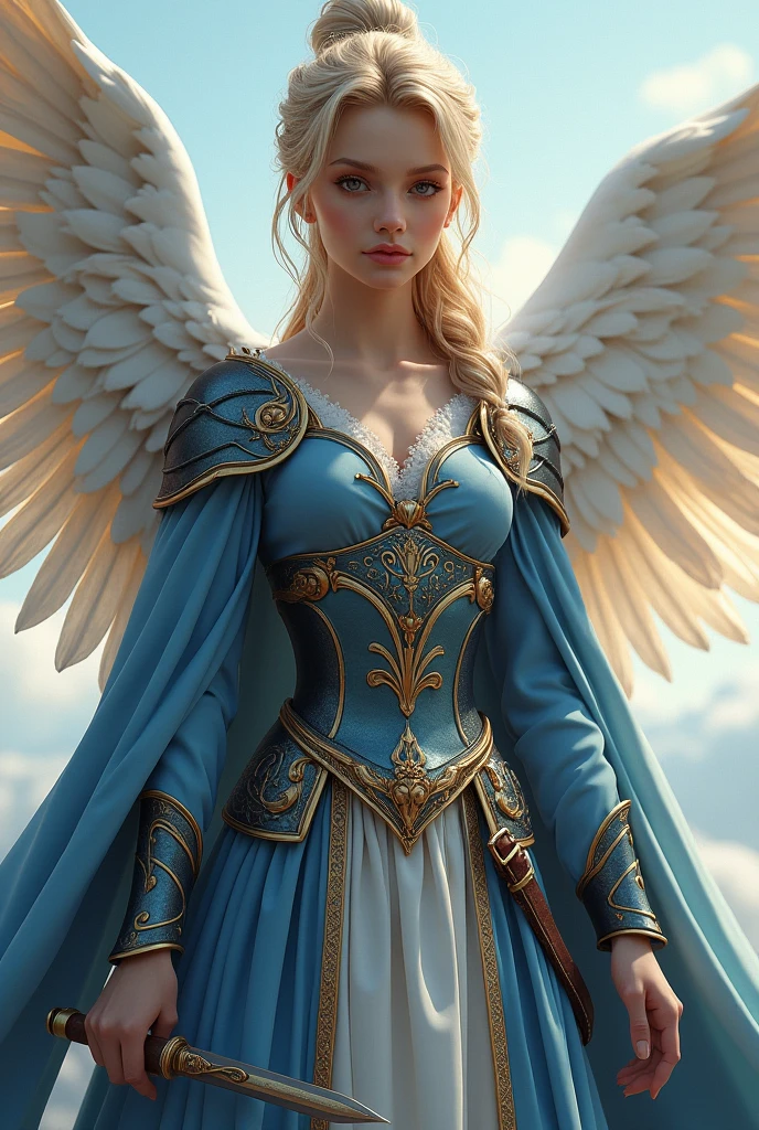 full body digital art, beautiful german girl Beautiful, sweet and fresh at 1. Long hair tied up looks smart (4k clear face), fair skin in Dressed in costume a blue Ancient German female warrior armor warrior with bright gold trim, with large White Dove wings, holding a weapon, elegant, flowing long dress, magically beautiful picture, UHD, 3d, 32k clear oil painting