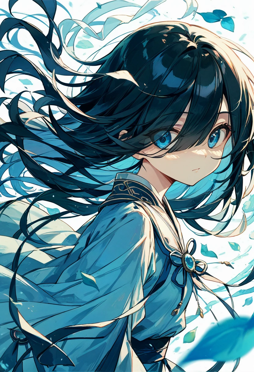 eyes visible through hair / bangs,(hair over one eyes),Long Black Hair、Beautiful Blue Eyes,Cute Girls、Hair blowing in the wind