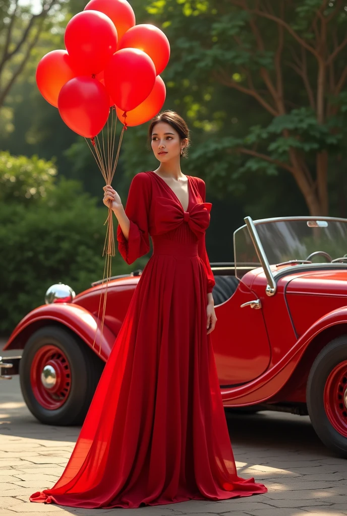 Create an elegant, stylish scene featuring a woman in a sophisticated evening abaya gown with a large red bow standing next to a vibrant red vintage car. She should be holding a bunch of red balloons, adding a festive touch to the image. The background should display a lush, green garden or park setting, emphasizing a sense of luxury and celebration.”