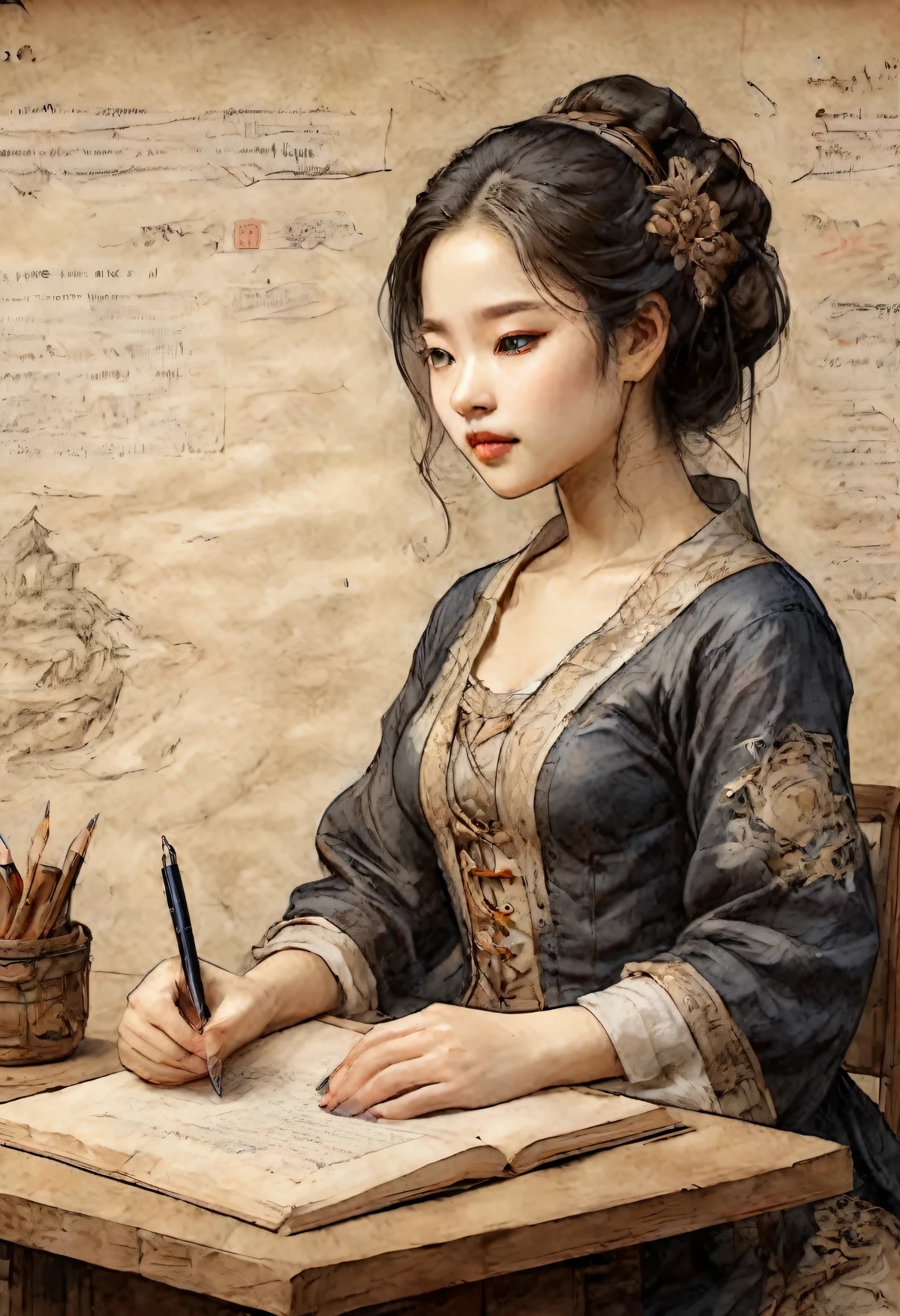 The girl is studying but is unable to concentrate, so she leans her elbows on the desk and stares blankly up at the sky.、Place your right hand on your chin、With a pen in my left hand、On parchment is graffiti、Fantasy Style,Gorgeous details,Intricate details,masterpiece,Fine art,Baroque meets pastoral,On parchment,INK On parchment,Old painting on parchment、The highest masterpiece、Highest quality、Painted in solid black、
