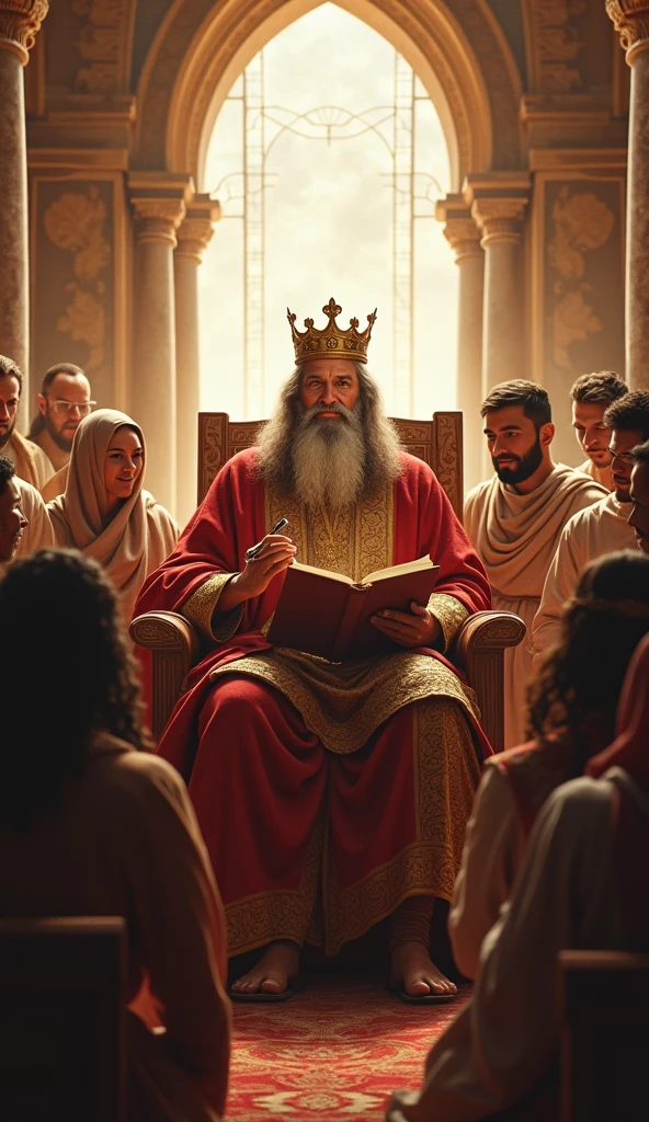 

"Create a realistic Solomon scene, the wise king of the Bible, in an ancient and majestic environment, reciting the Proverbs to a group of attentive listeners. Solomon should be portrayed as a middle-aged man, with rich robes and a crown, sitting on a decorated throne, surrounded by people of different ages, including men and women, who show interest and admiration. Ao fundo, add architectural elements typical of the time, as columns, tapestries and a large window that lets in the sunlight, illuminating the scene with an atmosphere of wisdom and teaching."