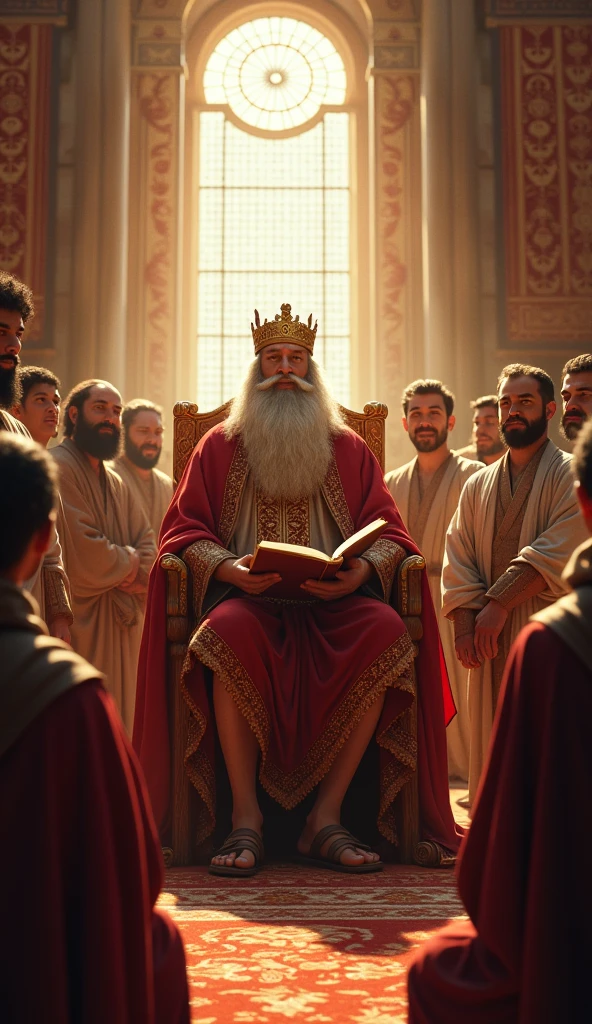 "Create a realistic Solomon scene, the wise king of the Bible, in an ancient and majestic environment, reciting the Proverbs to a group of attentive listeners. Solomon should be portrayed as a middle-aged man, with rich robes and a crown, sitting on a decorated throne, surrounded by people of different ages, including men and women, who show interest and admiration. Ao fundo, add architectural elements typical of the time, as columns, tapestries and a large window that lets in the sunlight, illuminating the scene with an atmosphere of wisdom and teaching."