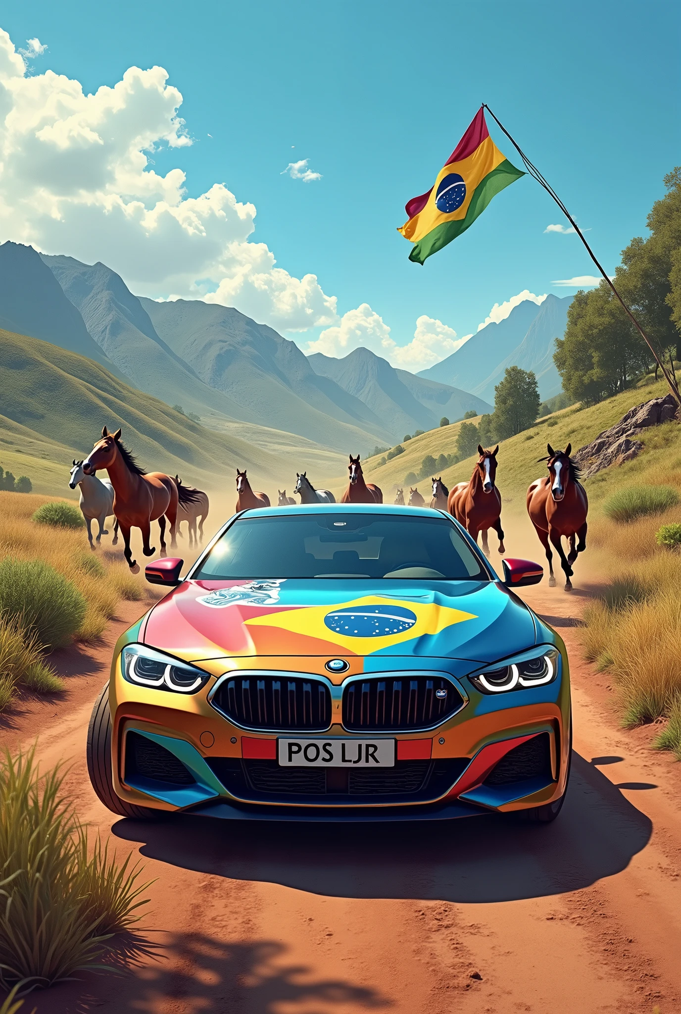 A car with a sticker of a horse and a flag of the state of Rio Grande do Sul with a beautiful landscape with horses running behind it.