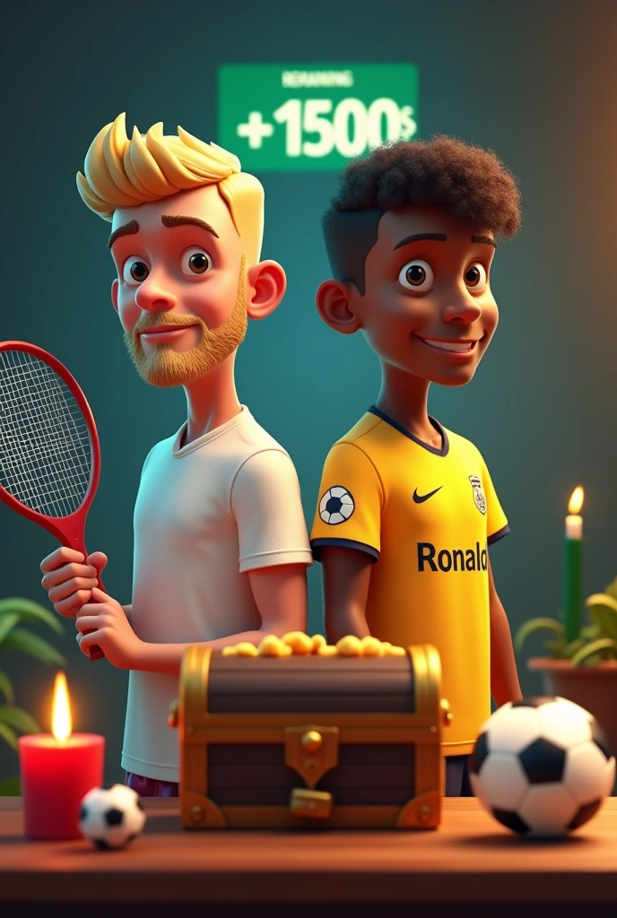 Créer une image pour le paris sportif . Il est censé y avoir deux  homme sur la photo, un de race blanche et l autre de race noire. est&#39 un porte une tenue de tennis  et l autre porte une tenue de foot avec ecrit sur le maillot floqué RONALDO . Devrait-il porter une magnifique pièce d&#39;argent. Dans la main gauche, il devrait avoir une raquette de tennis  et l autre un ballon . sur l&#39;image, vous devriez voir un trésor en arrière-plan sur le graphique, il devrait y avoir des bougies rouges et vertes et derrière lui, il devrait y avoir +1500 $ rester, et le tout devrait être en dessin animé et bien mettre une personne de race blanche et l'autre de race noire. , La personne blanche est blonde sans barbe , les 2 hommes sont de dos 