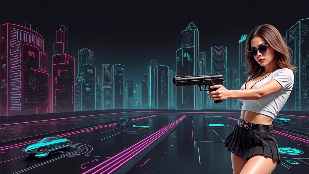 Futuristic cityscapes with colorful all-glass outlined towering skyscrapers with lightning, flying vehicle. High-resolution OLED GUI interfaces in the building, The windows are filled with transparent data visualization infographics that show it all, Egyptian fantasy arts, Egyptian statue, (Egyptian hieroglyphics). Colors are saturated and vibrant. At night, (1girl, solo, alone), photorealistic, large-breast slim:0.6 body, oval:0.5 face, cleavage:1.1, very low angle view of pleated miniskirt, deep-v, (upskirt), glove, (Matrix style black micro sunglasses), (aiming viewer with a short gun), dynamic running pose, (half-body thigh level close-up shot), cinematic lighting, ray tracing, motion blur background.