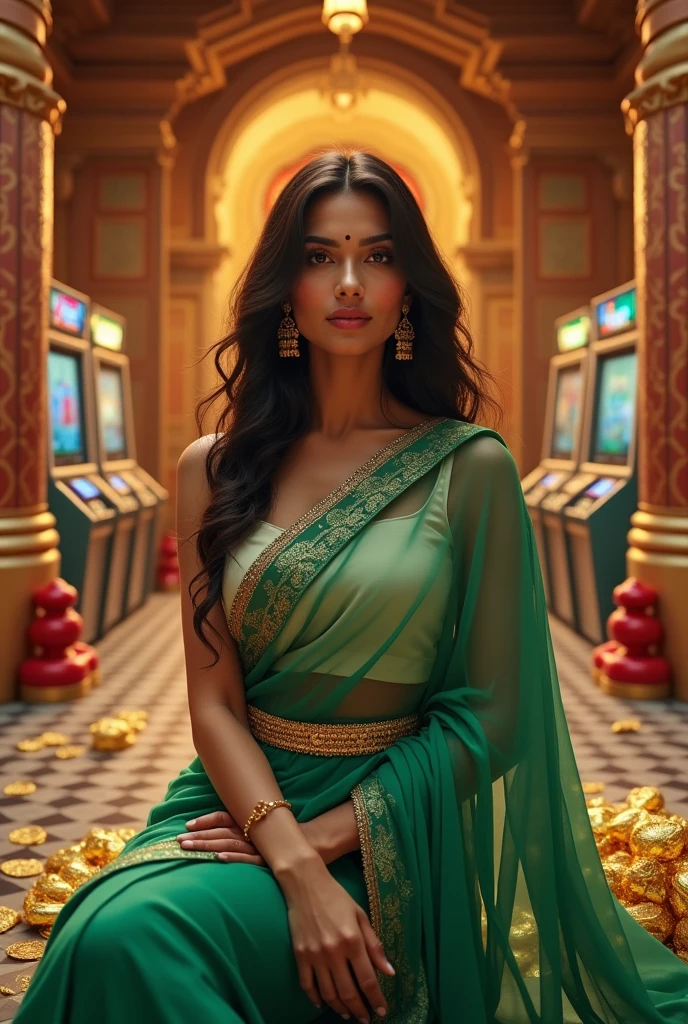 Mia Khalifa's face,Katrina Kaif's lips,Deepika's Height,Sai Pallavi's Hair,Wearing green saree and white blouse,Sitting in a beautiful Hindu temple,Wearing a bindi on the head,Electronic games,777,,gold,Lottery machines