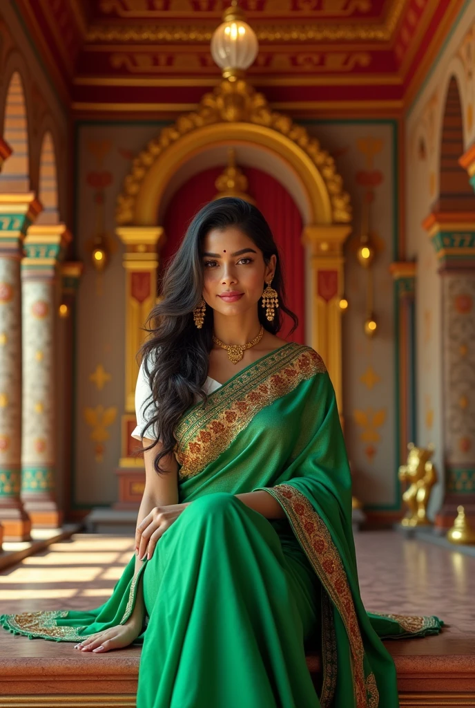 Mia Khalifa&#39;s face，Katrina Kaif&#39;s lips，Deepika&#39;s Height，Sai Pallavi&#39;s Hair，Wearing green saree and white blouse，Sitting in a beautiful Hindu temple，Wearing a bindi on the head，Electronic games，777，，gold，Lottery machines