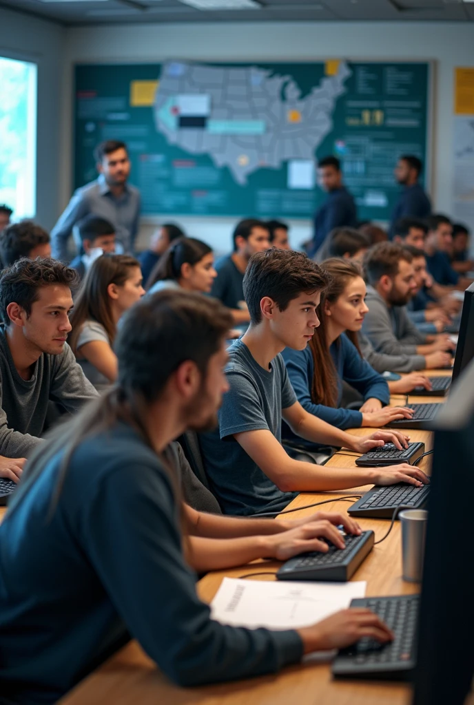 A group of 20 people learn to program in a classroom at a computer school