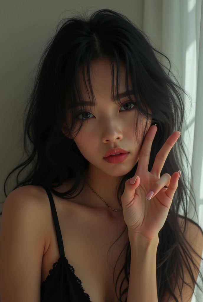 Cute and hot black hair light brown girl doing a ✌ with her hand
Not smiling, looking a bit bored and real and young