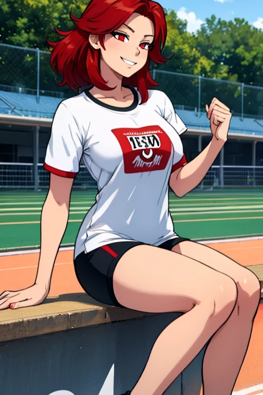 Perfect face. Perfect hands. A red haired woman with red eyes and an hourglass figure in a t-shirt and gym shorts is smiling while sitting on the bleachers at a track