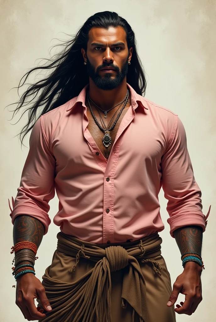 Muscular Native American Tribal Man with No Beard, with long hair and a plain pink button-down shirt. With tattoos and tribal accessories
