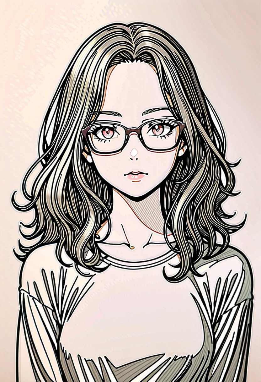 1 female, 30-year-old, alone, thin, slender, small breasts!!!, Loose curly hair, Bedhead, Forehead, thin, slender, (((glasses))), long sleeve T-shirt, Skinny skirt, Are standing, art, black and white, line art, Colored pencil drawing, draft, White background, portrait